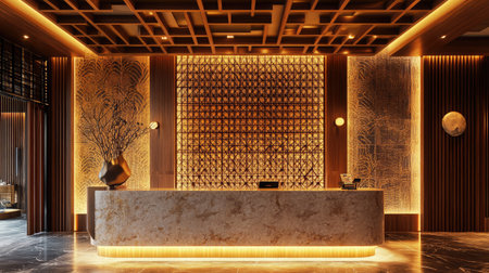 A hotel check-out area featuring a marble counter, a decorative sculpture, and a backdrop of illuminated wall panels.の素材