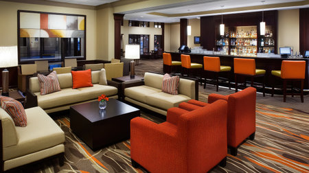 A stylish hotel bar and lounge area with plush seating, ambient lighting, and a well-stocked backlit bar.の素材