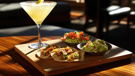 A stylish urban hotel room with a room service tray of gourmet tacos, salsa, guacamole, and a margarita on a sleek coffee table.の素材