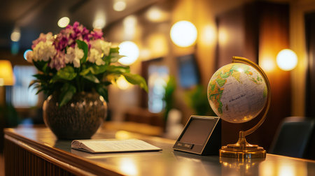 A contemporary hotel reception desk adorned with a world globe, a guest sign-in book, and a sleek desk lamp.の素材