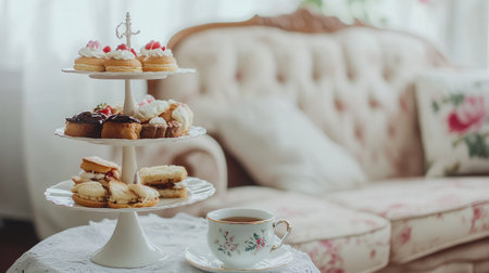 A vintage-style hotel room featuring an afternoon tea setup with a tiered stand of pastries, finger sandwiches, and a pot of Earl Grey.の素材