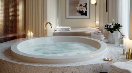 A luxurious hotel spa suite showcasing a freestanding soaking tub surrounded by flickering candles, plush towels, and a backdrop of calming neutral tones.の素材