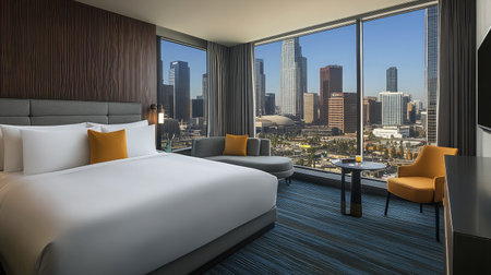 A spacious hotel suite with floor-to-ceiling windows, offering breathtaking views of the city skyline, and a comfortable seating area with modern decor.の素材