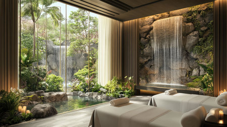 A serene spa room with a floor-to-ceiling window facing a zen rock garden with a trickling water feature, decorated with candles and soft linens.の素材