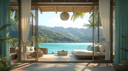 A tropical resort bungalow interior with open-air design, offering uninterrupted views of a turquoise lagoon and lush palm trees.の素材