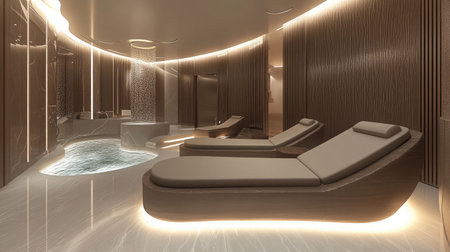 An elegant hotel spa lounge area with comfortable chaise lounges, soft ambient lighting, and a tranquil water feature enhancing the relaxing atmosphere.の素材