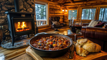 A rustic cabin room featuring a hearty stew, crusty bread, and a glass of red wine on a wooden tray beside a stone fireplace.の素材