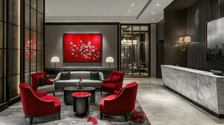 An elegant hotel lobby showcasing a marble check-out counter, decorative wall art, and a plush seating area with contemporary furniture.の素材