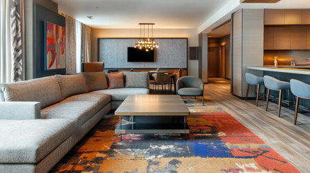 A spacious hotel suite with an open-concept layout, including a fully equipped kitchenette, dining area, and a cozy living space with a fireplace.の素材