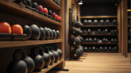A well-equipped hotel gym with a variety of dumbbells, kettlebells, and resistance bands neatly arranged on racks.の素材