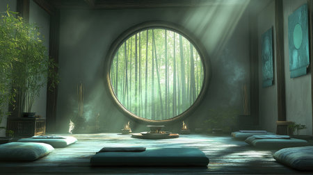 A serene meditation room with a large circular window framing a peaceful bamboo forest, decorated with cushions and incense holders.の素材