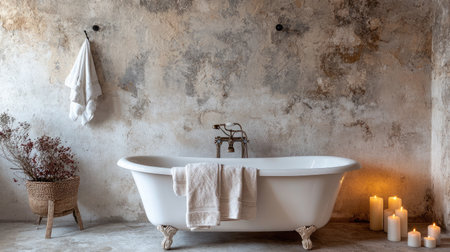 A luxurious hotel spa suite showcasing a freestanding soaking tub surrounded by flickering candles, plush towels, and a backdrop of calming neutral tones.の素材