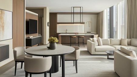 A spacious hotel suite with a separate dining area, modern kitchenette, and large windows allowing natural light to illuminate the neutral-toned decor.の素材