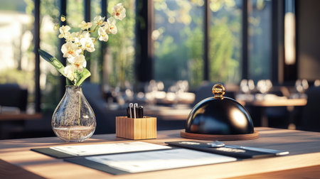 An elegant concierge station with a service bell, a selection of fine dining menus, and a vase of orchids.の素材