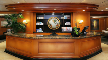 A luxurious hotel lobby showcasing a concierge desk adorned with a world globe, a service bell, and a display of city guides.の素材