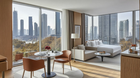 A spacious hotel suite with a separate dining area, modern kitchenette, and large windows allowing natural light to illuminate the neutral-toned decor.の素材