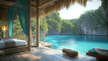 A tropical resort bungalow interior with open-air design, offering uninterrupted views of a turquoise lagoon and lush palm trees.の素材