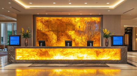 A hotel check-out area featuring a marble counter, a decorative sculpture, and a backdrop of illuminated wall panels.の素材