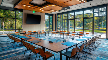 A hotel conference room with a horseshoe-shaped table arrangement, comfortable seating, and advanced audiovisual equipment.の素材