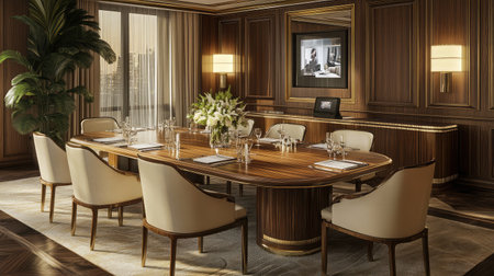 A hotel boardroom featuring a polished wooden table, high-back chairs, and a built-in video conferencing system.の素材