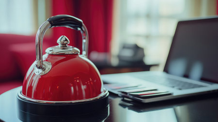 A hotel concierge area with a service bell, a selection of music festival tickets, and a sleek laptop for guest inquiries.の素材