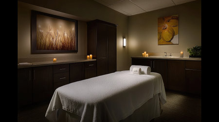 A serene hotel spa room featuring a massage table adorned with fresh white linens, soft ambient lighting, and aromatic candles creating a tranquil atmosphere.の素材