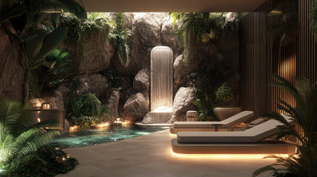 An elegant hotel spa lounge area with comfortable chaise lounges, soft ambient lighting, and a tranquil water feature enhancing the relaxing atmosphere.の素材