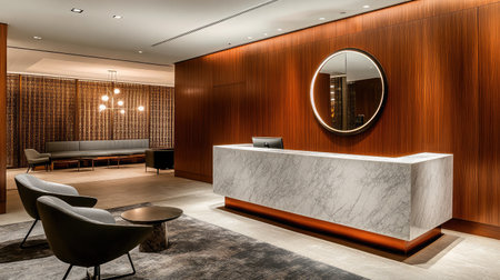 A hotel lobby showcasing a marble reception desk, a decorative wall mirror, and a seating area with modern chairs.の素材