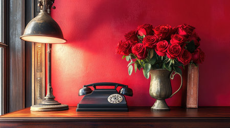 A classic hotel reception area with a wooden check-in counter, an antique telephone, and a vase of roses.の素材