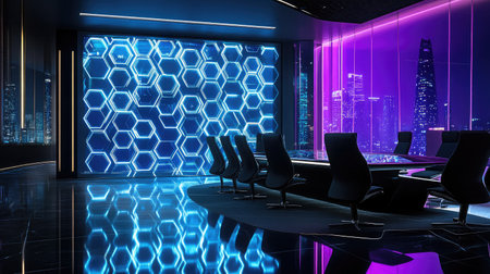 A contemporary meeting space with a large interactive display, sleek furniture, and ambient lighting.の素材