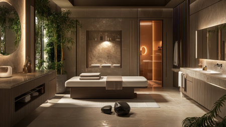 A modern hotel spa room featuring a heated stone massage bed, dimmed lighting, and aromatic essential oils diffusing a calming scent throughout the space.の素材