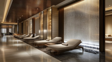 An elegant hotel spa lounge area with comfortable chaise lounges, soft ambient lighting, and a tranquil water feature enhancing the relaxing atmosphere.の素材