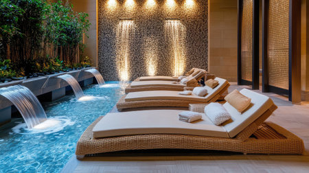 An elegant hotel spa lounge area with comfortable chaise lounges, soft ambient lighting, and a tranquil water feature enhancing the relaxing atmosphere.の素材