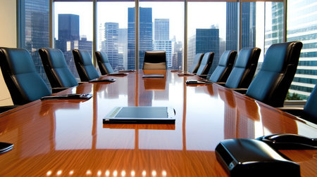 A hotel boardroom featuring a polished wooden table, high-back chairs, and a built-in video conferencing system.の素材