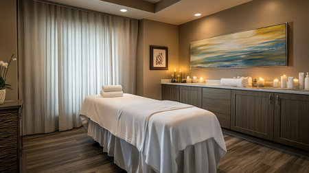 A serene hotel spa room featuring a massage table adorned with fresh white linens, soft ambient lighting, and aromatic candles creating a tranquil atmosphere.の素材