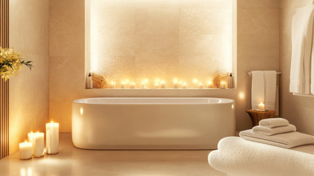 A luxurious hotel spa suite showcasing a freestanding soaking tub surrounded by flickering candles, plush towels, and a backdrop of calming neutral tones.の素材