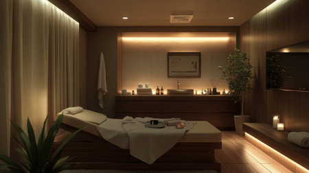 A modern hotel spa room featuring a heated stone massage bed, dimmed lighting, and aromatic essential oils diffusing a calming scent throughout the space.の素材