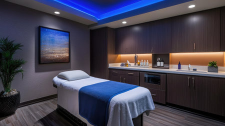 A modern hotel spa room featuring a heated stone massage bed, dimmed lighting, and aromatic essential oils diffusing a calming scent throughout the space.の素材