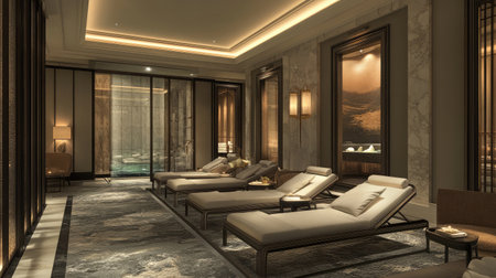 An elegant hotel spa lounge area with comfortable chaise lounges, soft ambient lighting, and a tranquil water feature enhancing the relaxing atmosphere.の素材