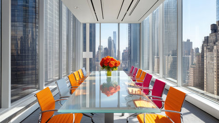 A bright and airy conference room with a glass-top table, colorful seating, and floor-to-ceiling windows.の素材