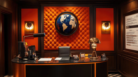 A contemporary hotel reception desk adorned with a world globe, a guest feedback form, and a sleek desk lamp.の素材