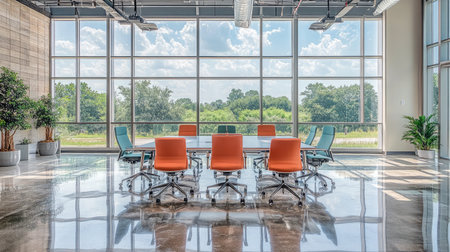 A bright and airy conference room with a glass-top table, colorful seating, and floor-to-ceiling windows.の素材