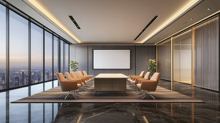 A modern conference room equipped with a smartboard, minimalist design, and comfortable chairs arranged around a central table.の素材