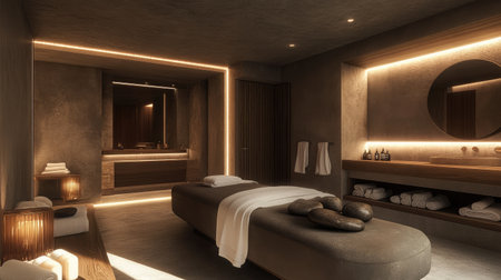 A modern hotel spa room featuring a heated stone massage bed, dimmed lighting, and aromatic essential oils diffusing a calming scent throughout the space.の素材