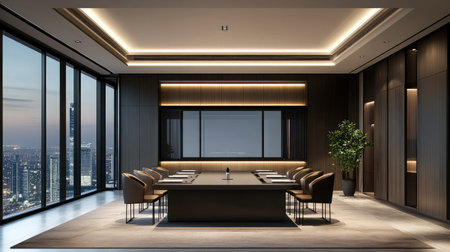 A contemporary meeting space with a large interactive display, sleek furniture, and ambient lighting.の素材