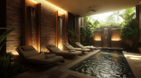 An elegant hotel spa lounge area with comfortable chaise lounges, soft ambient lighting, and a tranquil water feature enhancing the relaxing atmosphere.の素材