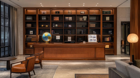 A luxurious hotel lobby showcasing a concierge desk adorned with a world globe, a service bell, and a display of city guides.の素材