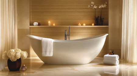 A luxurious hotel spa suite showcasing a freestanding soaking tub surrounded by flickering candles, plush towels, and a backdrop of calming neutral tones.の素材