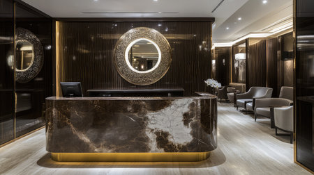 A hotel lobby showcasing a marble reception desk, a decorative wall mirror, and a seating area with modern chairs.の素材