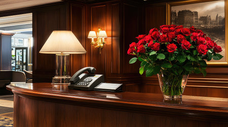 A classic hotel reception area with a wooden check-in counter, an antique telephone, and a vase of roses.の素材